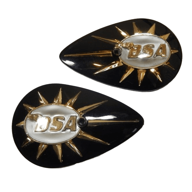 BSA A10, A65, B40, C15 Pear shaped Tank Badges Black & Gold OEM 40-8122, 40-8123