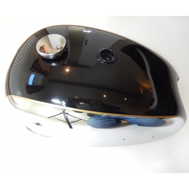BSA A7, A10 Fuel Tank Painted Black With Chrome & Gold Edging OEM No 42-8102
