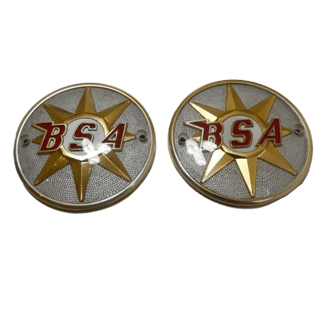 BSA Bantam , A65, B40 Round Tank Badges Gold, Silver & Red Sold as Pair Made in UK