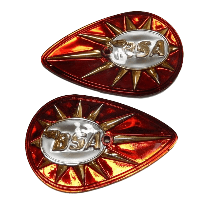 BSA Pear Shaped Tank Badges Red & Gold OEM No 40-8014, 40-8015