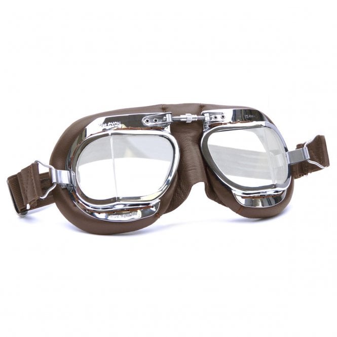 Halcyon Genuine Mark 49 Compact Brown Leather Goggles & Chrome Made in England