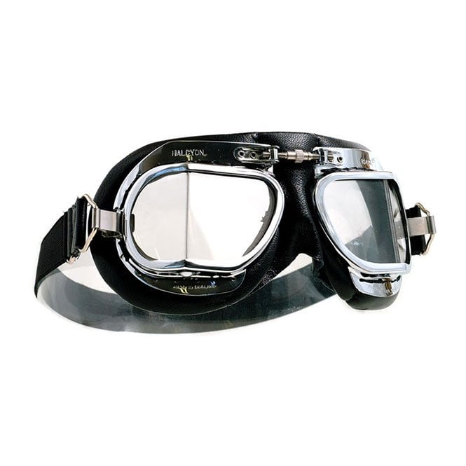 Halcyon Genuine Mark 49 Leather Goggles Black & Chrome Made in England