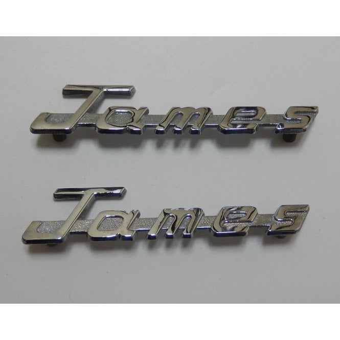 Genuine James Chrome Side Motif Scripted Panel Badges New Old Sock Made in England