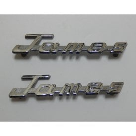 Genuine James Chrome Side Motif Scripted Panel Badges New Old Sock Made in England