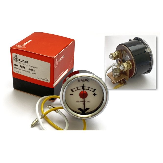 Lucas Genuine Ammeter No 36184, White Face With Built in Warning Light 