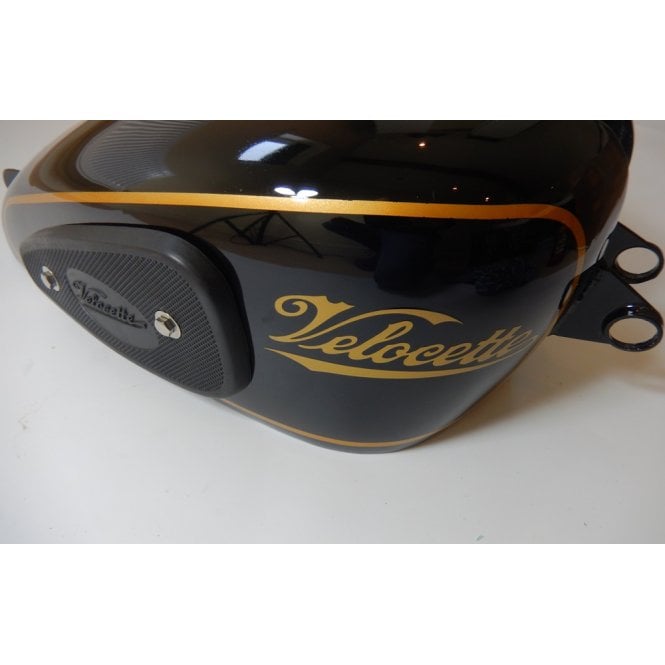 Velocette Mac Fuel Tank Painted & Striped Black & Gold With Knee Grips Fitted